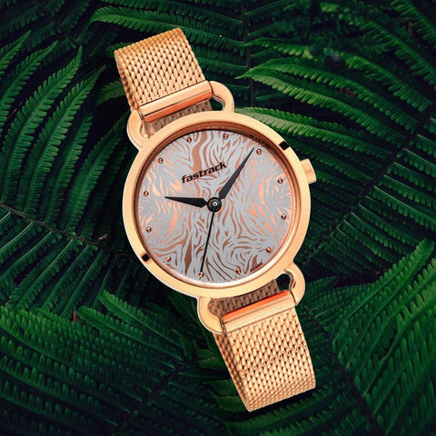 Fastrack Animal Print Quartz Analog Bicolour Dial Stainless Steel Strap Watch for Girls