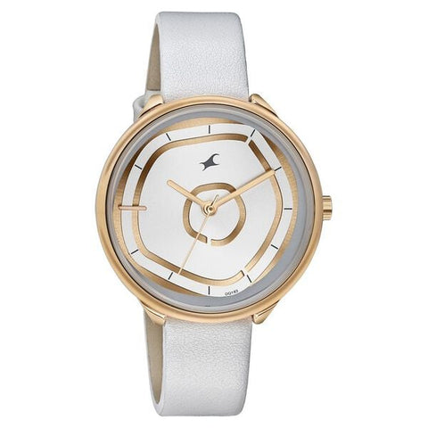 Fastrack Stunners Analog Rose Gold Dial White Leather Strap Watch For Girls