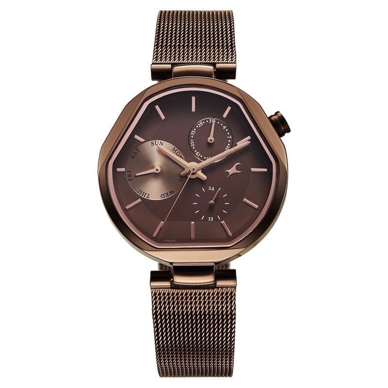 Fastrack Tick Tock Quartz Multifunction Brown Dial Stainless Steel Strap Watch For Girls