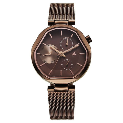 Fastrack Tick Tock Quartz Multifunction Brown Dial Stainless Steel Strap Watch For Girls