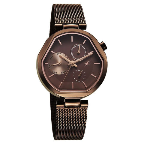 Fastrack Tick Tock Quartz Multifunction Brown Dial Stainless Steel Strap Watch For Girls