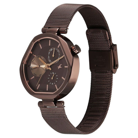 Fastrack Tick Tock Quartz Multifunction Brown Dial Stainless Steel Strap Watch For Girls