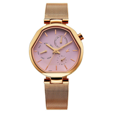 Fastrack Tick Tock Quartz Multifunction Pink Dial Stainless Steel Strap Watch For Girls