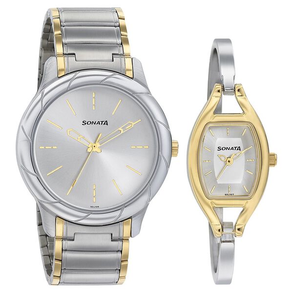 Sonata Quartz Analog Silver Dial Stainless Steel Strap Watch for Couple