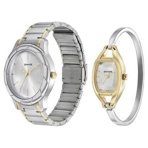 Sonata Quartz Analog Silver Dial Stainless Steel Strap Watch for Couple