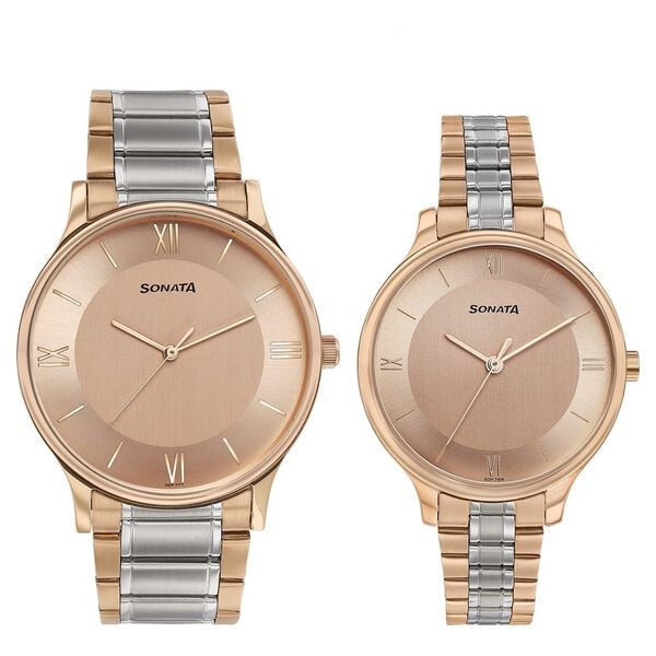 Sonata Modern Bandhan Quartz Analog Pink Dial Stainless Steel Strap Watch for Couple