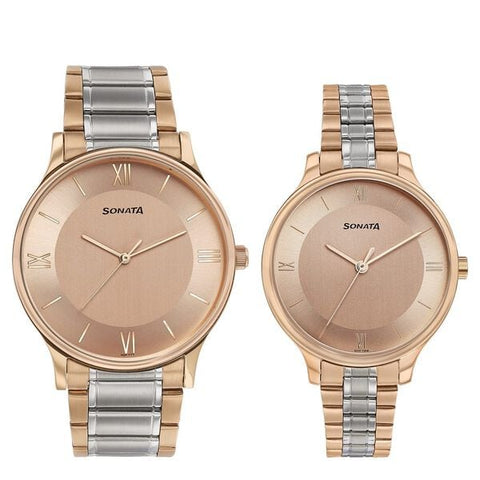 Sonata Modern Bandhan Quartz Analog Pink Dial Stainless Steel Strap Watch for Couple