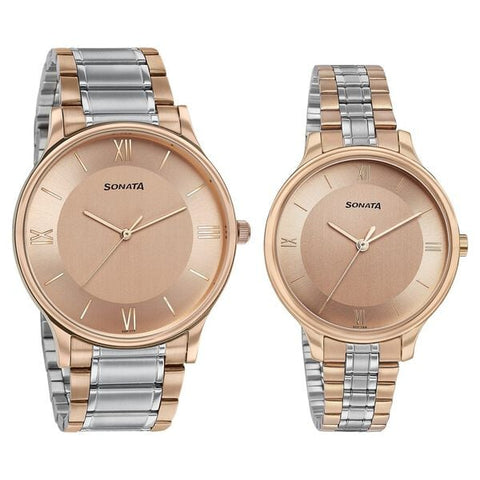 Sonata Modern Bandhan Quartz Analog Pink Dial Stainless Steel Strap Watch for Couple