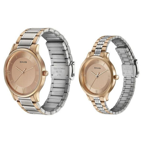 Sonata Modern Bandhan Quartz Analog Pink Dial Stainless Steel Strap Watch for Couple