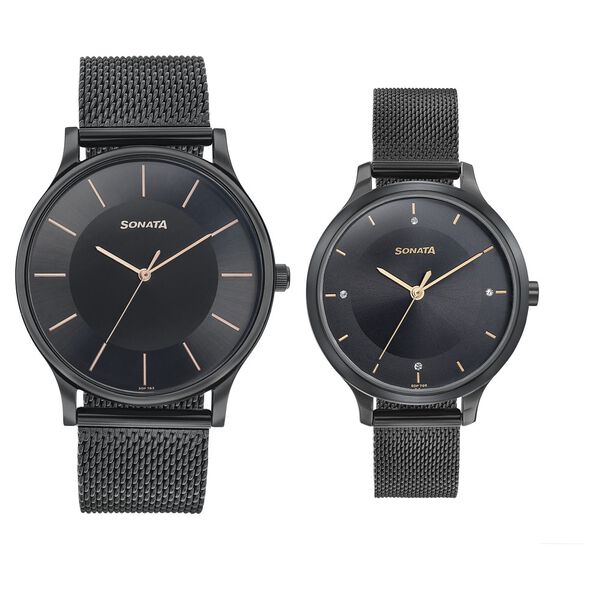 Sonata Modern Bandhan Quartz Analog Black Dial Black Stainless Steel Strap Watch For Couple