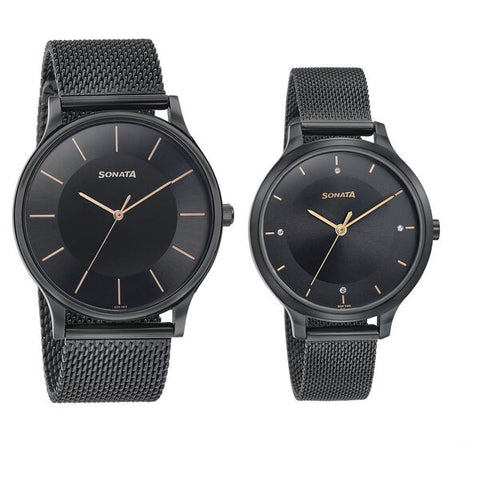 Sonata Modern Bandhan Quartz Analog Black Dial Black Stainless Steel Strap Watch For Couple