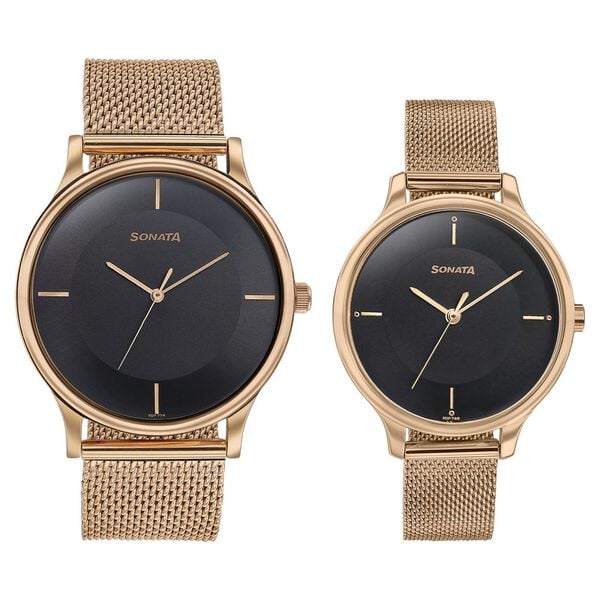 Sonata Modern Bandhan Quartz Analog Black Dial Rose Gold Stainless Steel Strap Watch For Couple