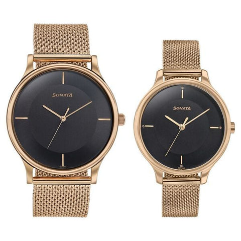 Sonata Modern Bandhan Quartz Analog Black Dial Rose Gold Stainless Steel Strap Watch For Couple
