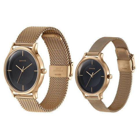 Sonata Modern Bandhan Quartz Analog Black Dial Rose Gold Stainless Steel Strap Watch For Couple