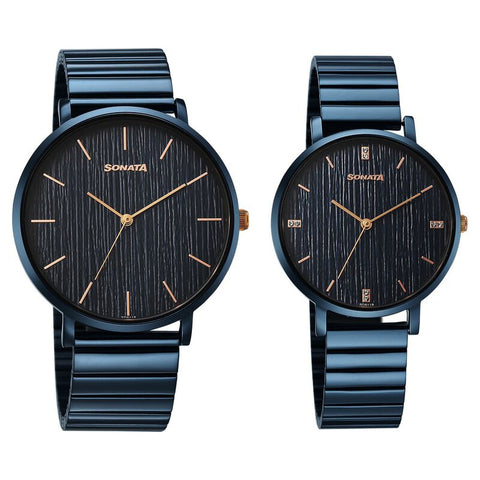 Sonata Soulmate Quartz Analog Blue Dial Blue Stainless Steel Strap Watch For Couple