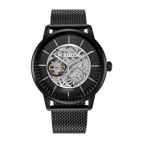 Titan Skeletal Automatic Black Dial Men’s Watch – Black Stainless Steel Strap | 90110NM01