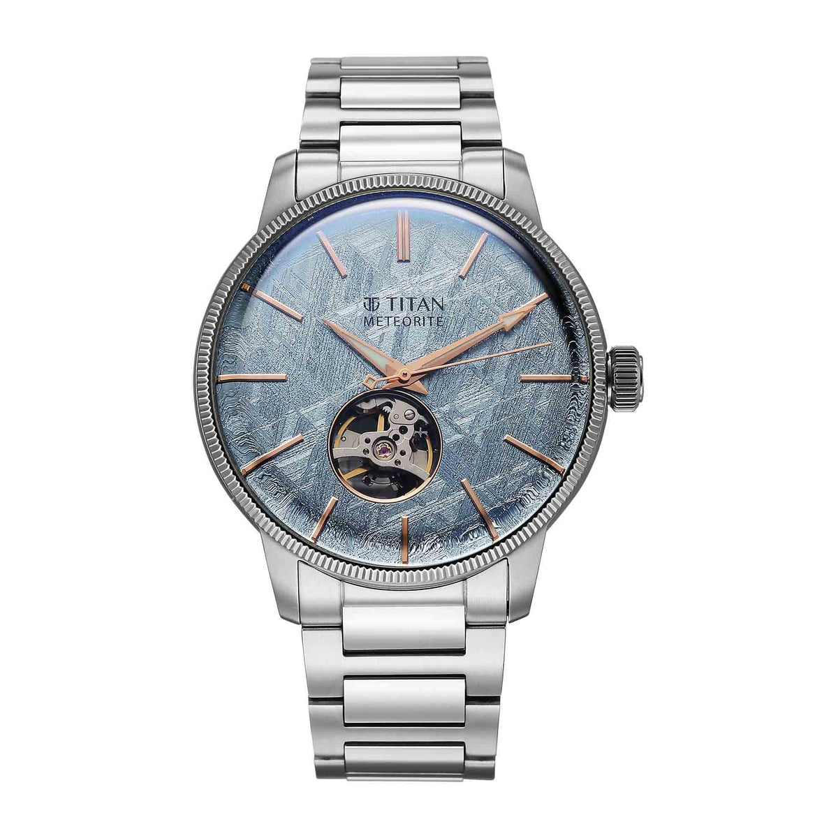Titan Stellar Ice Meteorite Automatic Authentic Meteorite Dial Men’s Watch – Open-Heart & Silver Stainless Steel Bracelet | 90110SM01