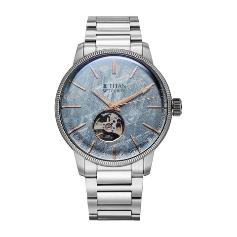Titan Stellar Ice Meteorite Automatic Authentic Meteorite Dial Men’s Watch – Open-Heart & Silver Stainless Steel Bracelet | 90110SM01