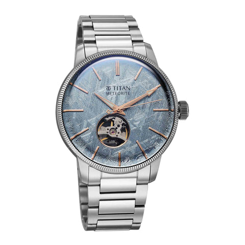 Titan Stellar Ice Meteorite Automatic Authentic Meteorite Dial Men’s Watch – Open-Heart & Silver Stainless Steel Bracelet | 90110SM01
