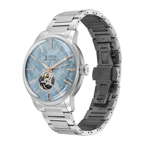 Titan Stellar Ice Meteorite Automatic Authentic Meteorite Dial Men’s Watch – Open-Heart & Silver Stainless Steel Bracelet | 90110SM01