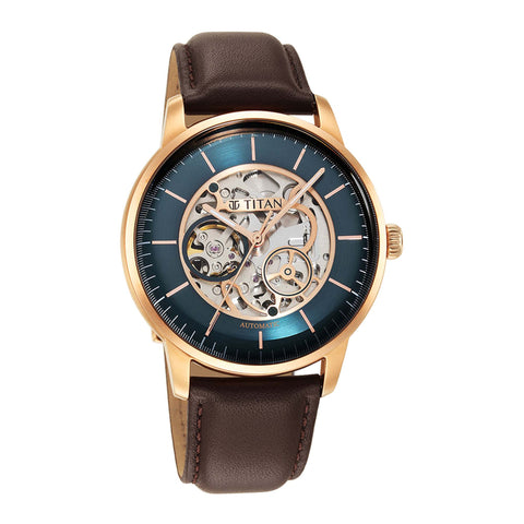 Titan Skeletal Automatic Blue Dial Men’s Watch – Brown Leather Strap | 90110WL04
