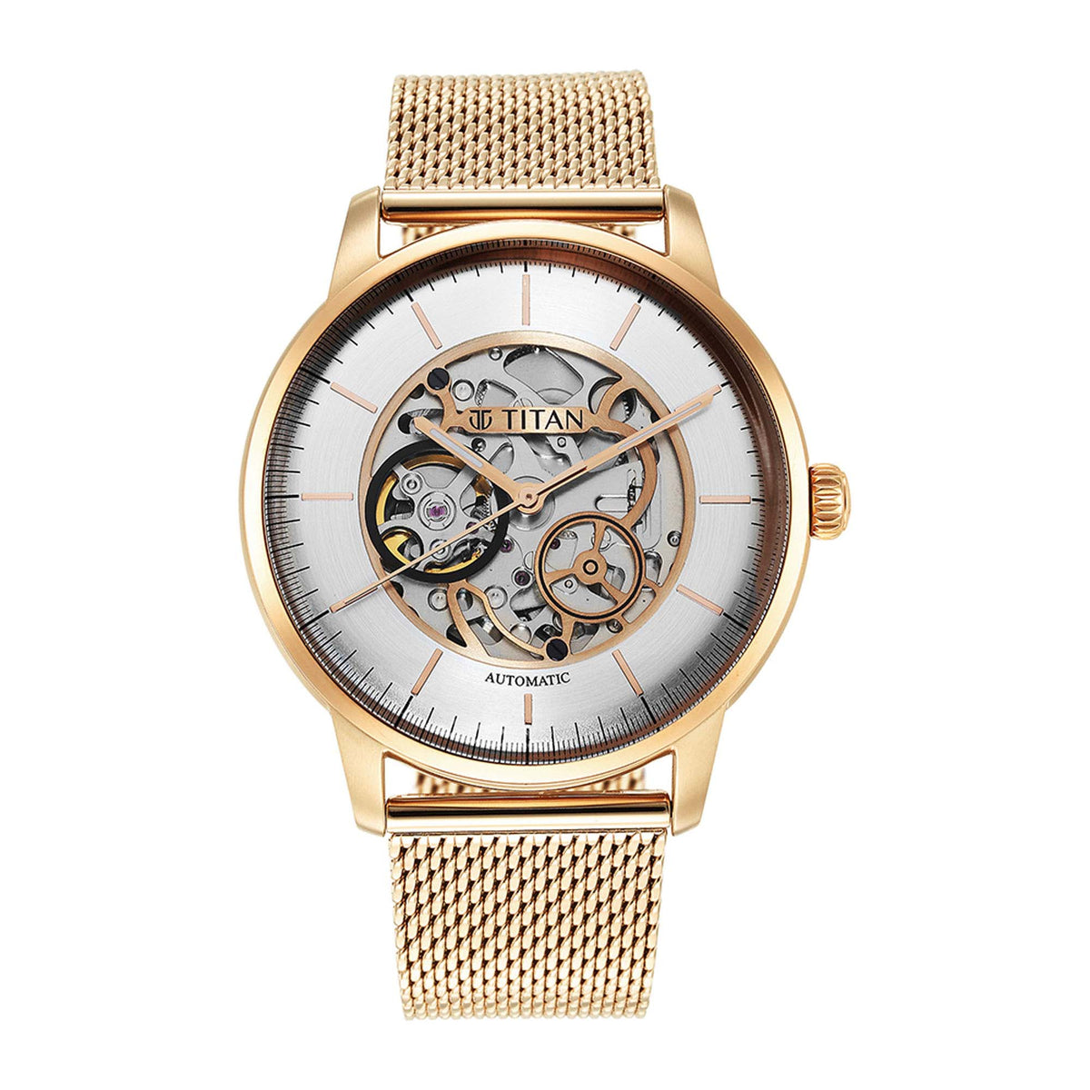 Titan Skeletal Automatic Gold Dial Men’s Watch – Gold Stainless Steel Bracelet | 90110WM01