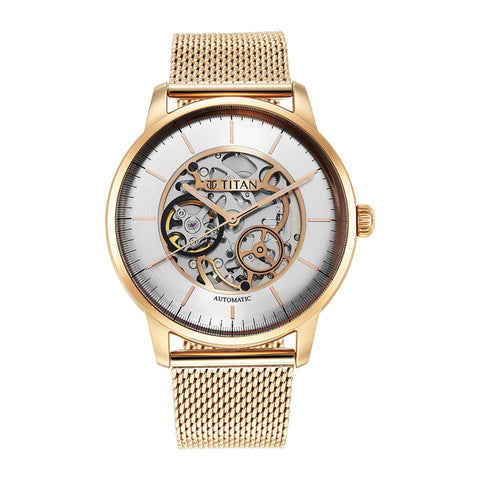 Titan Skeletal Automatic Gold Dial Men’s Watch – Gold Stainless Steel Bracelet | 90110WM01