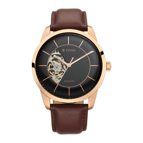 Titan Automatic Sectoral Black Dial Men’s Watch – Brown Leather Strap | 90126WL02