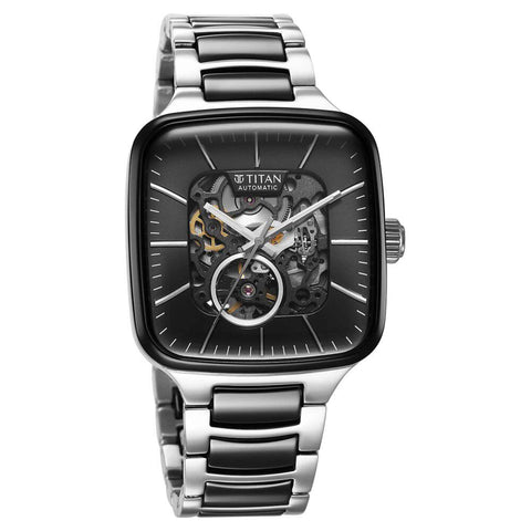 Titan Ceramic Fusion Automatic Men’s Watch — Square Black Dial with Two-Tone Silver Stainless Steel & Black Ceramic | 90175KD01