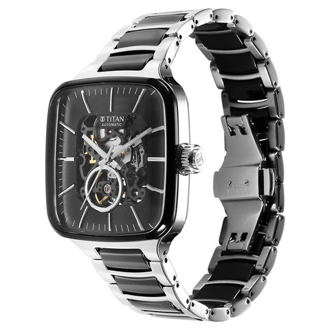 Titan Ceramic Fusion Automatic Men’s Watch — Square Black Dial with Two-Tone Silver Stainless Steel & Black Ceramic | 90175KD01