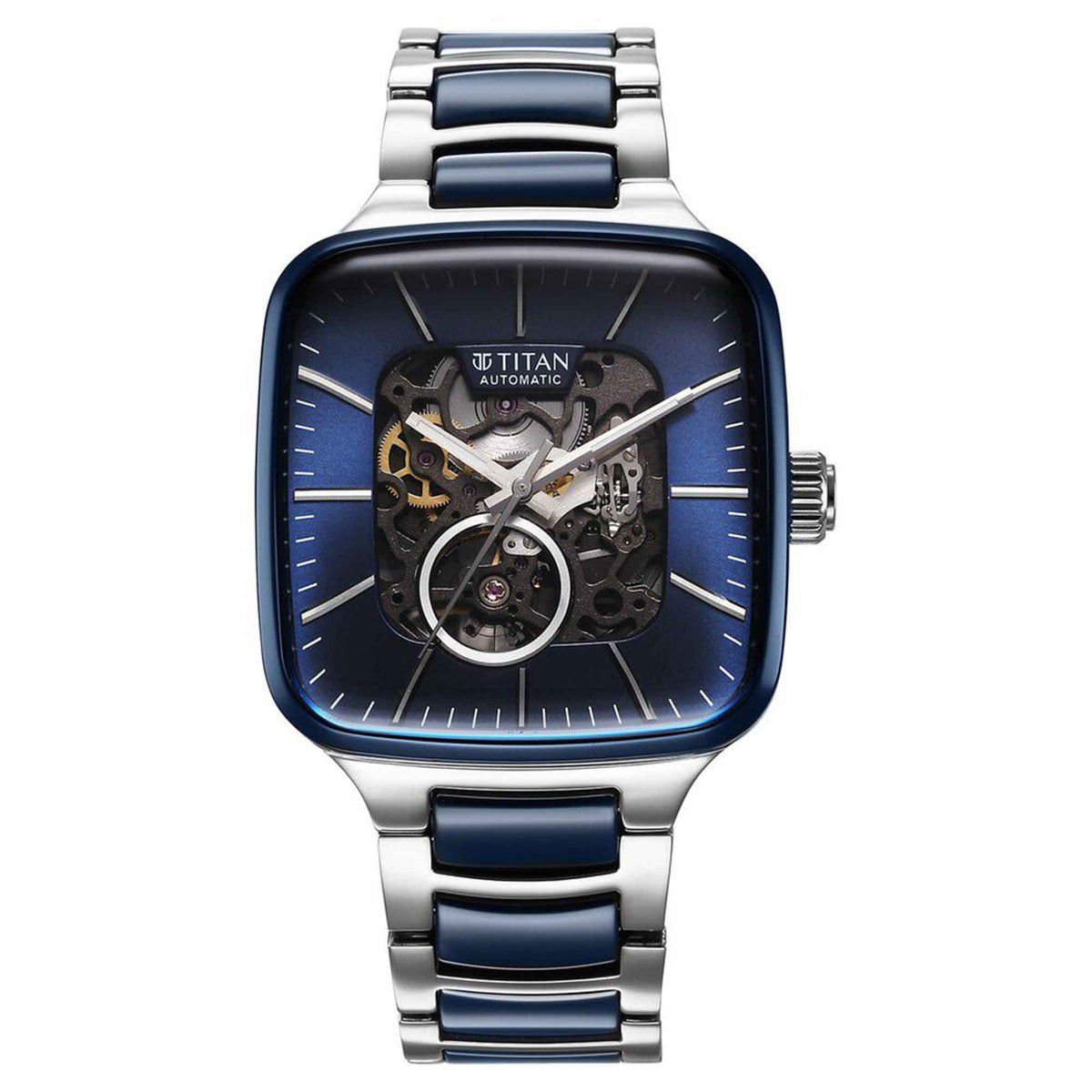 Titan Ceramic Fusion Automatic Square Blue Dial Men’s Watch – Silver Two-Tone Stainless Steel Bracelet | 90175KD02