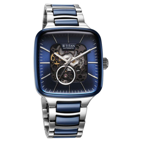 Titan Ceramic Fusion Automatic Square Blue Dial Men’s Watch – Silver Two-Tone Stainless Steel Bracelet | 90175KD02