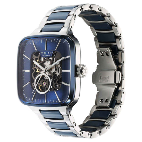 Titan Ceramic Fusion Automatic Square Blue Dial Men’s Watch – Silver Two-Tone Stainless Steel Bracelet | 90175KD02