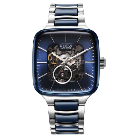 Titan Ceramic Fusion Automatic Square Blue Dial Men’s Watch – Silver Two-Tone Stainless Steel Bracelet | 90175KD02