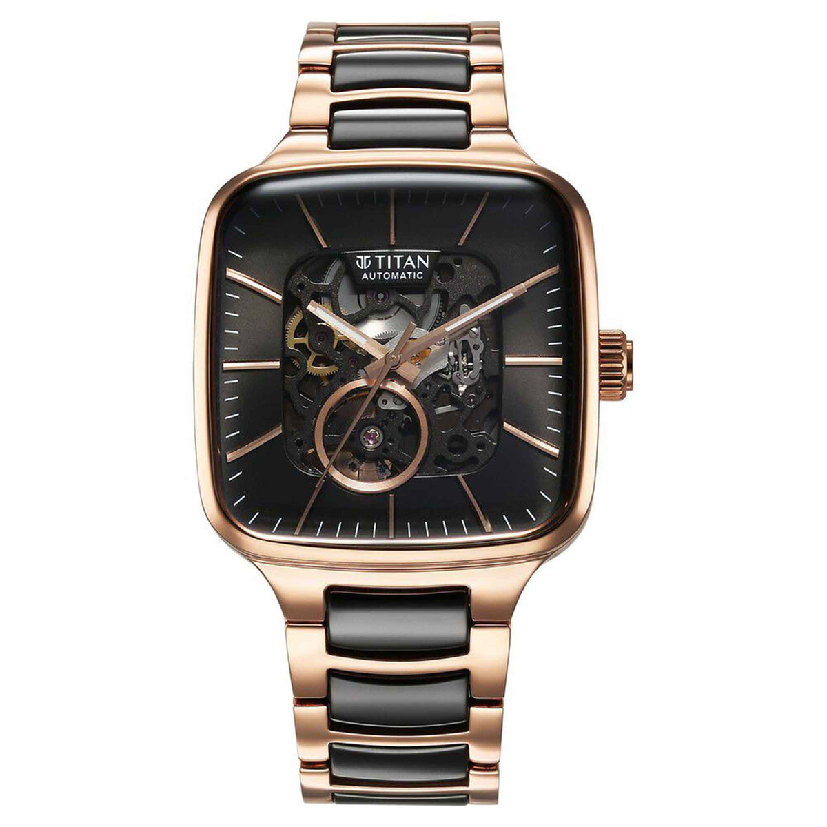 Titan Ceramic Fusion Automatic Square Black Dial Men’s Watch – Rose Gold Two-Tone Stainless Steel Bracelet | 90175KD03