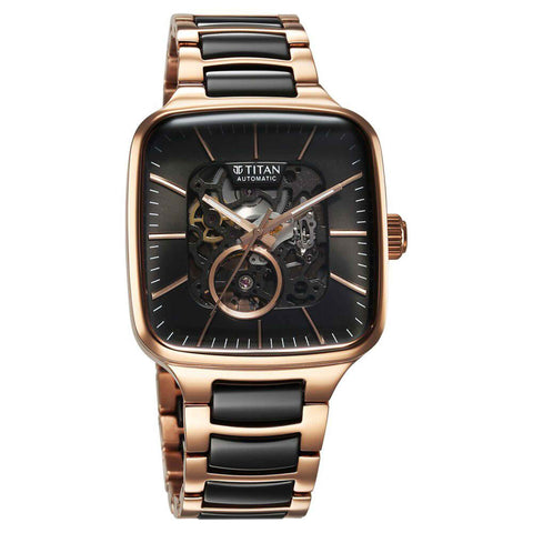 Titan Ceramic Fusion Automatic Square Black Dial Men’s Watch – Rose Gold Two-Tone Stainless Steel Bracelet | 90175KD03