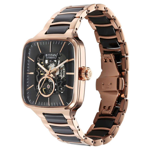 Titan Ceramic Fusion Automatic Square Black Dial Men’s Watch – Rose Gold Two-Tone Stainless Steel Bracelet | 90175KD03