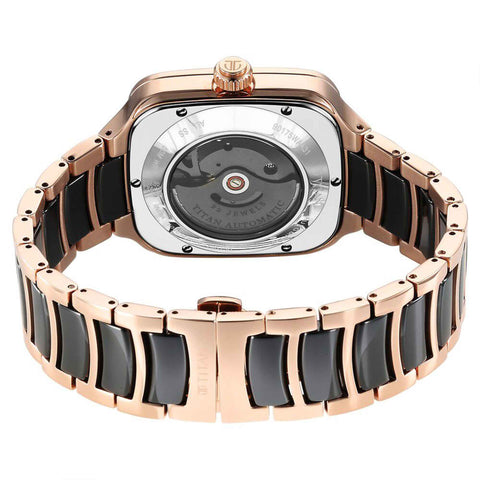 Titan Ceramic Fusion Automatic Square Black Dial Men’s Watch – Rose Gold Two-Tone Stainless Steel Bracelet | 90175KD03