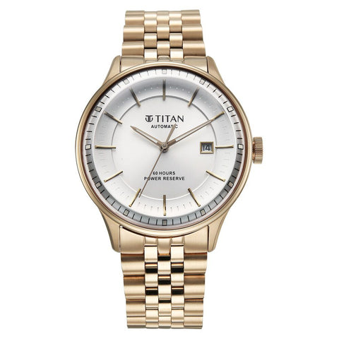 Titan Weekender 60 Hours Power Reserve Concealed Automatic Analog White Dial Stainless Steel Strap Watch for Men