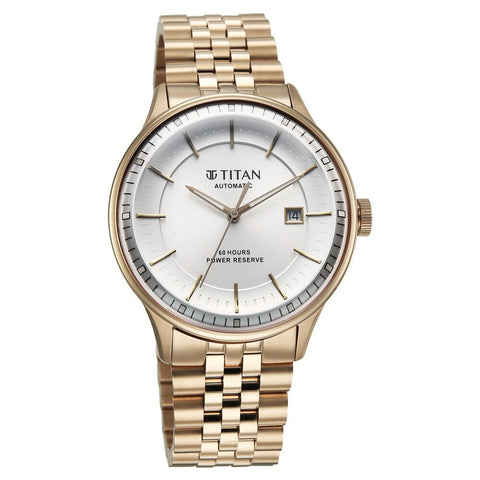Titan Weekender 60 Hours Power Reserve Concealed Automatic Analog White Dial Stainless Steel Strap Watch for Men