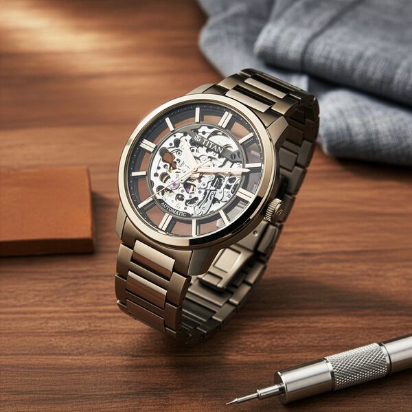 Titan See-Through Skeletal Automatic Analog with Black Dial Copper Brown Stainless Steel Strap Watch for Men