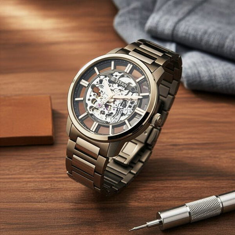 Titan See-Through Skeletal Automatic Analog with Black Dial Copper Brown Stainless Steel Strap Watch for Men