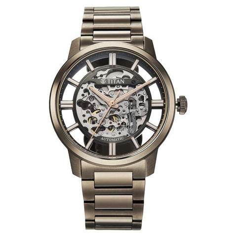 Titan See-Through Skeletal Automatic Analog with Black Dial Copper Brown Stainless Steel Strap Watch for Men