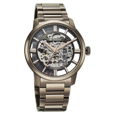 Titan See-Through Skeletal Automatic Analog with Black Dial Copper Brown Stainless Steel Strap Watch for Men