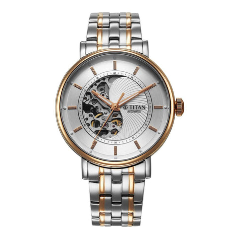 Titan Yin Yang Skeletal Automatic Men’s Watch – White Dial in Silver & Rose Gold Stainless Steel | 90222KM01