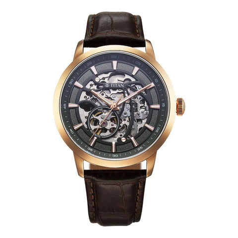Titan Phoenix Skeletal Automatic Gun Dial Men’s Watch – Brown Leather Strap | 90223WL01