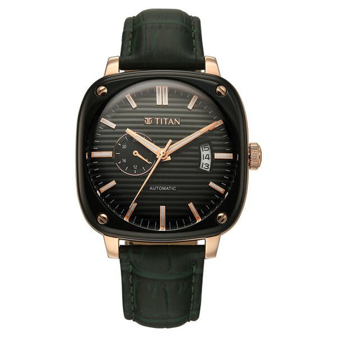 Titan Vintage Concealed Automatic Analog with Green Dial Green Leather Strap Watch for Men