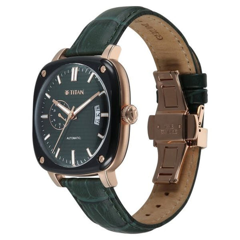 Titan Vintage Concealed Automatic Analog with Green Dial Green Leather Strap Watch for Men