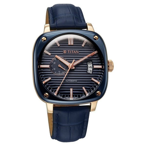 Titan Vintage Concealed Automatic Analog with Blue Dial Blue Leather Strap Watch for Men