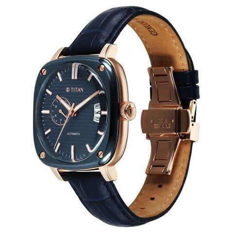 Titan Vintage Concealed Automatic Analog with Blue Dial Blue Leather Strap Watch for Men